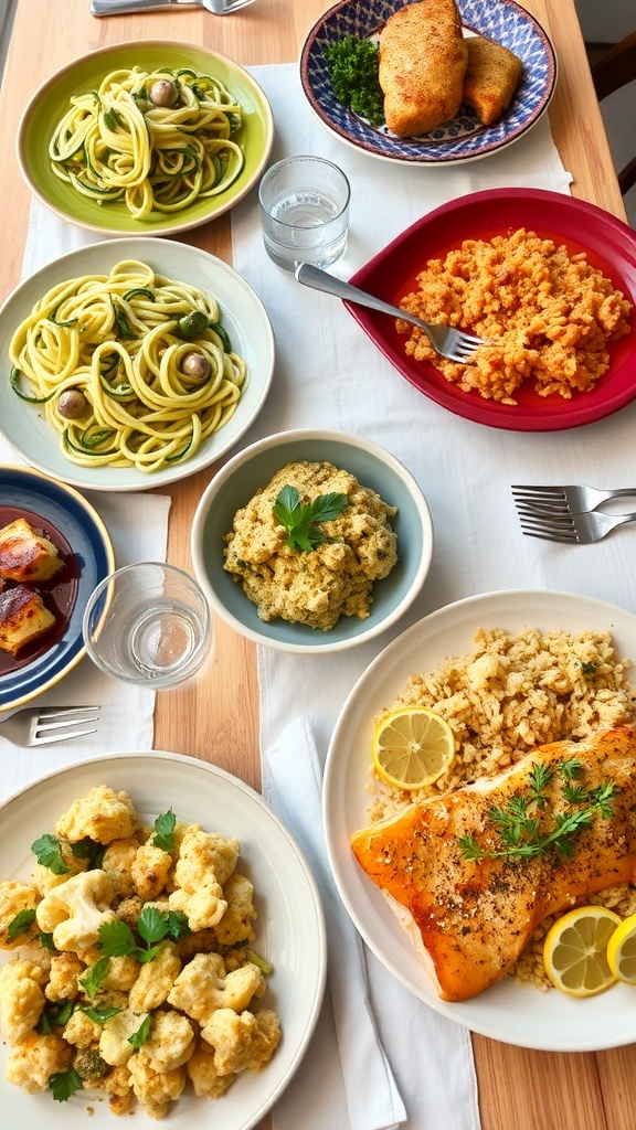 A family dinner table with low carb dishes like zucchini noodles, cauliflower fried rice, and salmon.